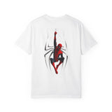 A white short-sleeve crewneck t-shirt featuring a large graphic print of Spider-Man on the back, set against a clean white background.
