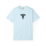 A light blue short-sleeve crewneck t-shirt featuring a black ram skull graphic printed on the center chest, displayed against a clean white background.
