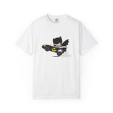A white short-sleeve crewneck t-shirt featuring a cartoon graphic of Batman driving a black Batmobile with yellow accents, displayed against a clean white background.