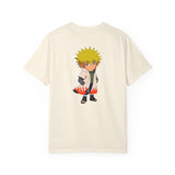 An off-white short-sleeve t-shirt featuring a colorful graphic print of a chibi Naruto character on the front, displayed against a solid white background.