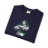 A navy blue folded t-shirt featuring a graphic print of the Marvel character Doctor Doom with crossed arms, wearing a green hood and silver armor. The shirt is displayed on a clean white background.