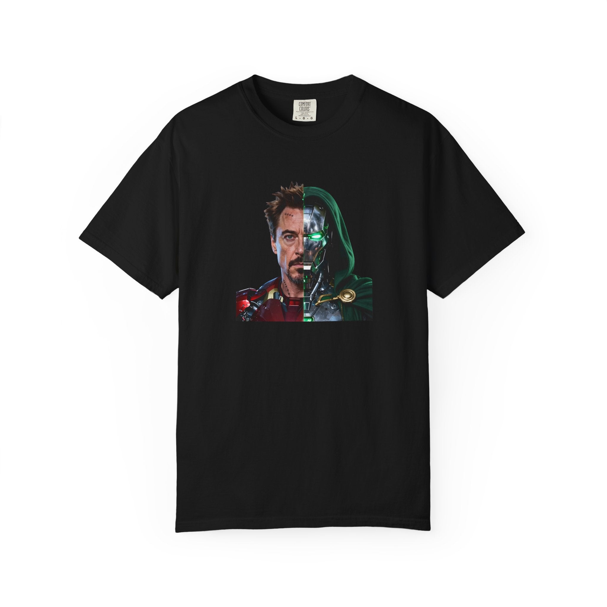 A black short-sleeve crewneck t-shirt featuring a graphic print of a split-face character with one human face and one cybernetic face, displayed on a clean white background.