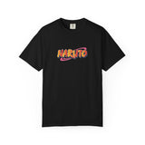 A black short-sleeve crewneck t-shirt featuring a colorful 'NARUTO' graphic printed on the chest, displayed against a solid white background.