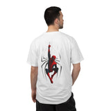 A man wearing a white t-shirt, viewed from the back. The shirt features a large graphic print of Spider-Man swinging from a web, set against a faint spider logo outline.