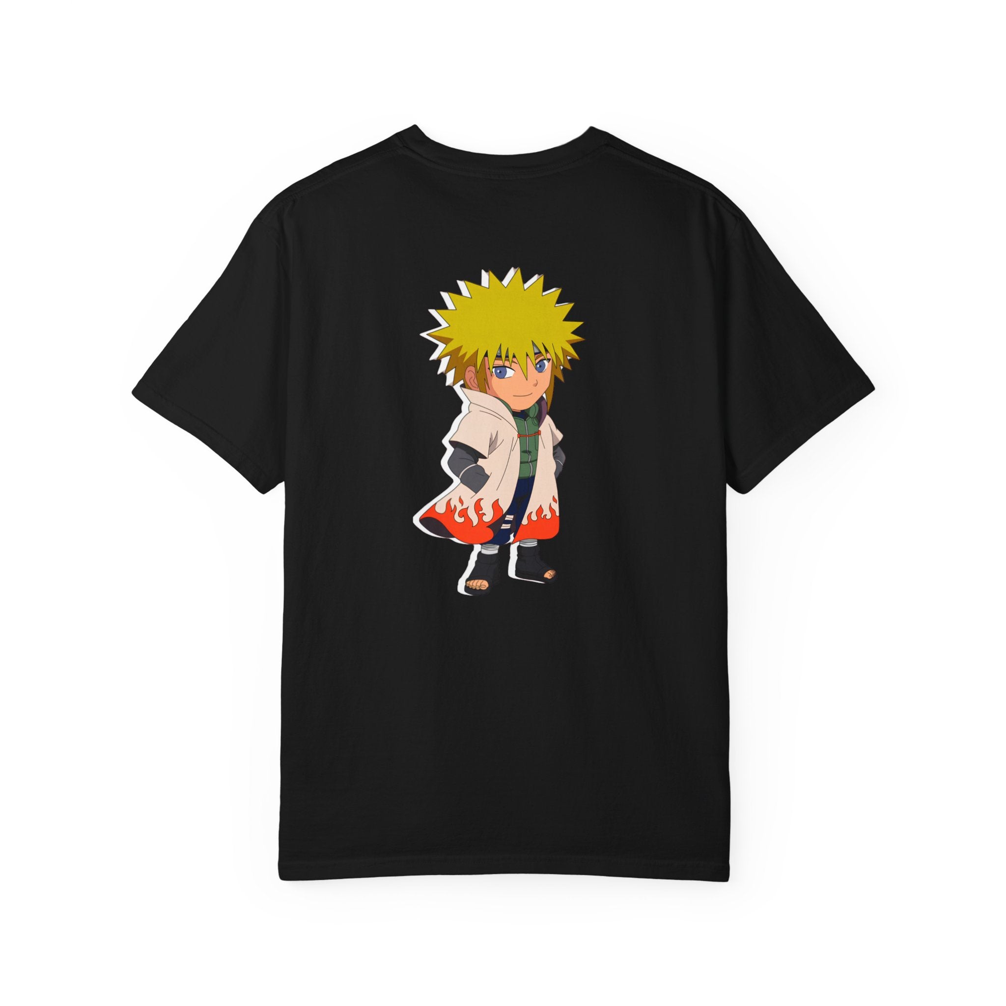 A black short-sleeve crewneck t-shirt featuring a colorful graphic print of an anime character with spiky yellow hair, shown on a plain white background.