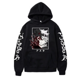 A black pullover hoodie featuring a graphic print of two anime characters on the chest, with white Japanese text printed down both sleeves. The hoodie is displayed flat against a light gray background.