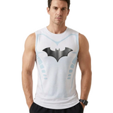 A man wearing a white sleeveless athletic tank top with a large black Batman logo on the chest, light blue graphic details, and a subtle textured pattern, set against a plain light beige background.