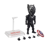 Marvel Black Panther chibi action figure with a clear stand, interchangeable hands, and a Captain America shield on a white background.