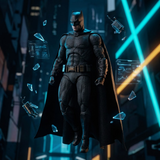 A Batman figure or collectible character stands centered in a futuristic city scene with glowing blue and yellow neon lines, floating glass shards, and holographic interface graphics around it.