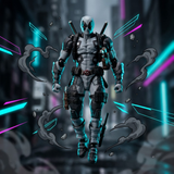 A highly detailed Deadpool action figure or collectible character shown floating against a stylized neon city background. The figure is primarily gray and black with white on the mask and glowing cyan highlights, holding swords over its shoulders and surrounded by dynamic comic-style energy effects.