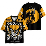 A black and yellow Wolverine-themed short-sleeve V-neck t-shirt shown from both the front and back. The design features a large graphic of Wolverine's face with his claws extended, Japanese katakana text, and 'WOLVERINE' printed on the front and sleeves.