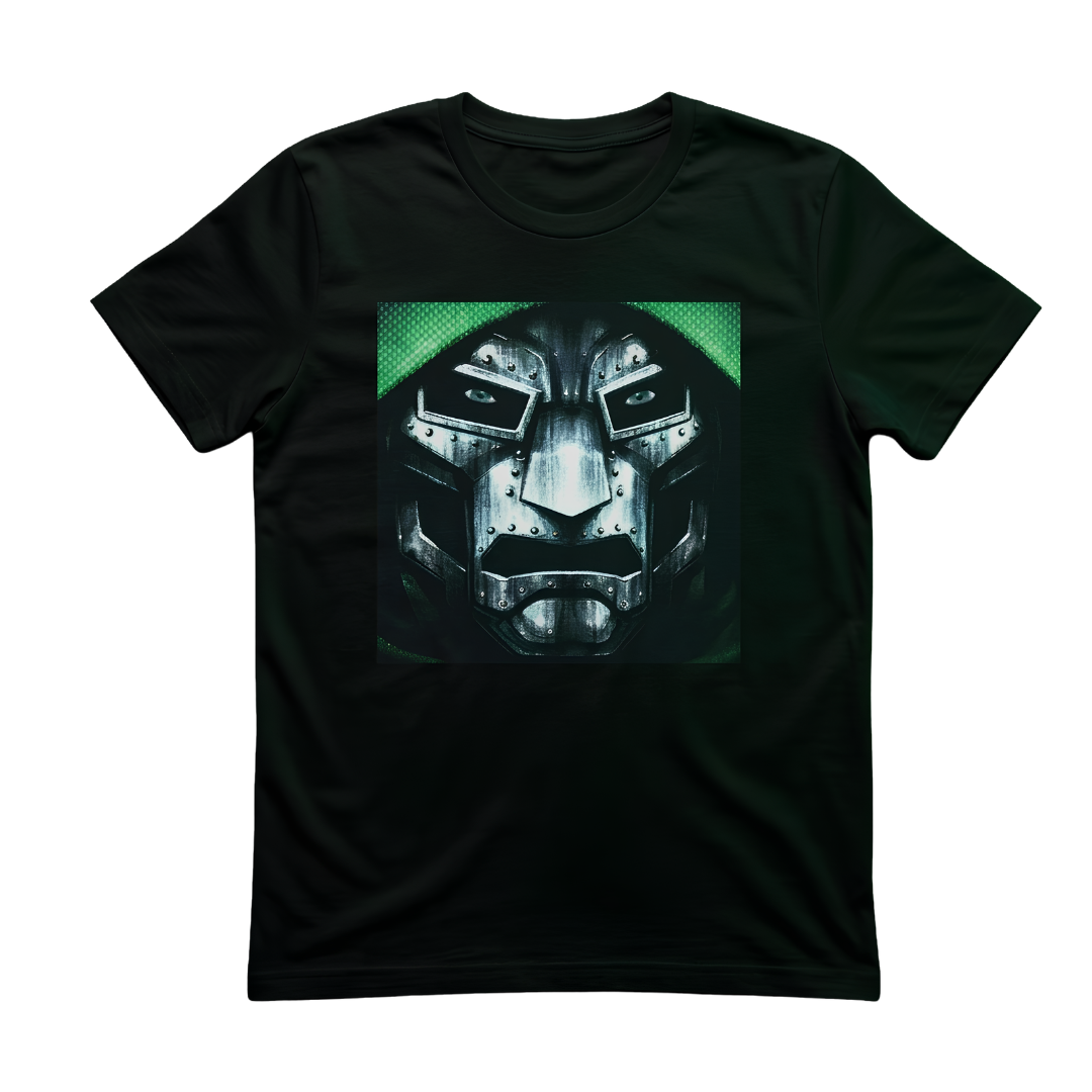 A black short-sleeve crewneck t-shirt featuring a square graphic print of a metallic sci-fi face mask with glowing green accents, displayed against a solid white background.