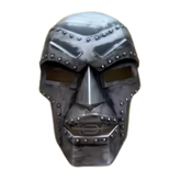 A metallic silver sci-fi style full face mask with rivets and dark visor-like eye openings, shown against a plain white background.