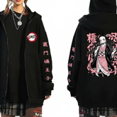 A black zip-up hoodie with anime graphics, shown from both the front and back. The front features a circular red and white logo on the left chest and pink vertical characters down the right sleeve.