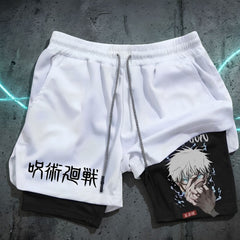 White athletic shorts with a black Japanese kanji print on one leg and a black graphic panel featuring an anime character on the other leg, shown flat on a dark textured background.
