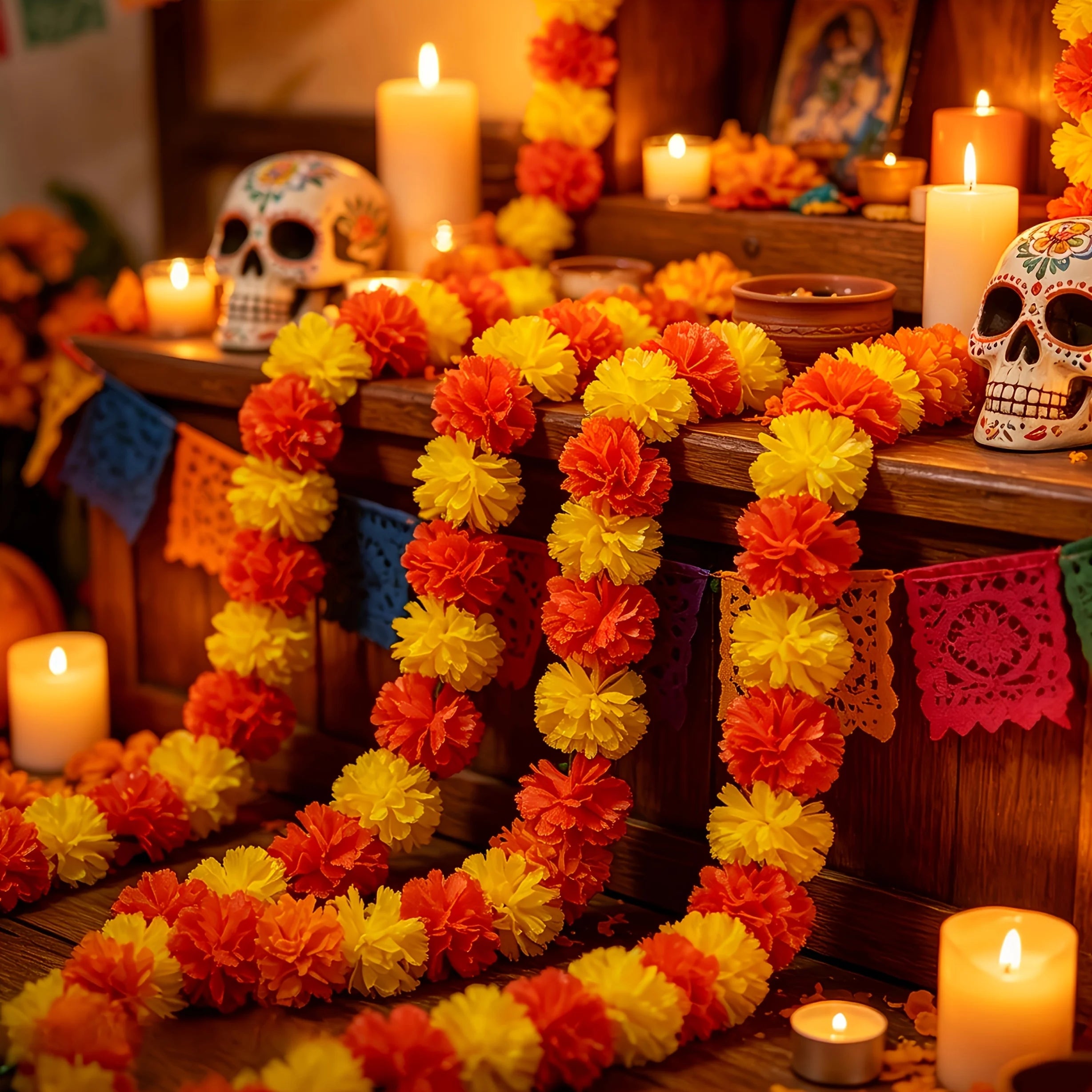 Artificial Marigold Garland | 2-Pack 3m Day of the Dead Decor Wreaths & Garlands - The Eezee Shop
