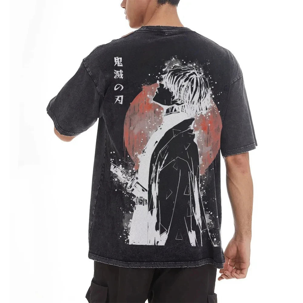 2026 Summer New Zenitsu Agatsuma Breath of Thunder Retro Washed Old T-shirt Demon Slayer 90s Street Style Short-sleeved Top Anime Tshirts - The Eezee Shop