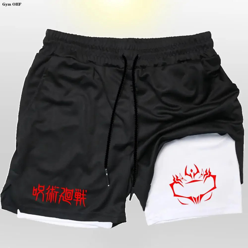 Jujutsu Kaisen Compression Shorts Men Fitness Gym Running Double Layer 2-In-1 Short Pants Rashgard Performance Anime performance shorts - The Eezee Shop