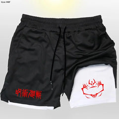 Jujutsu Kaisen Compression Shorts Men Fitness Gym Running Double Layer 2-In-1 Short Pants Rashgard Performance Anime performance shorts - The Eezee Shop