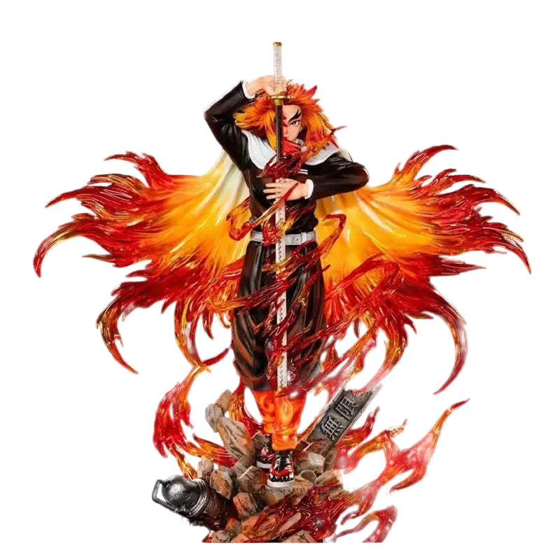 Statue of a character with fiery effects and a sword on a black background