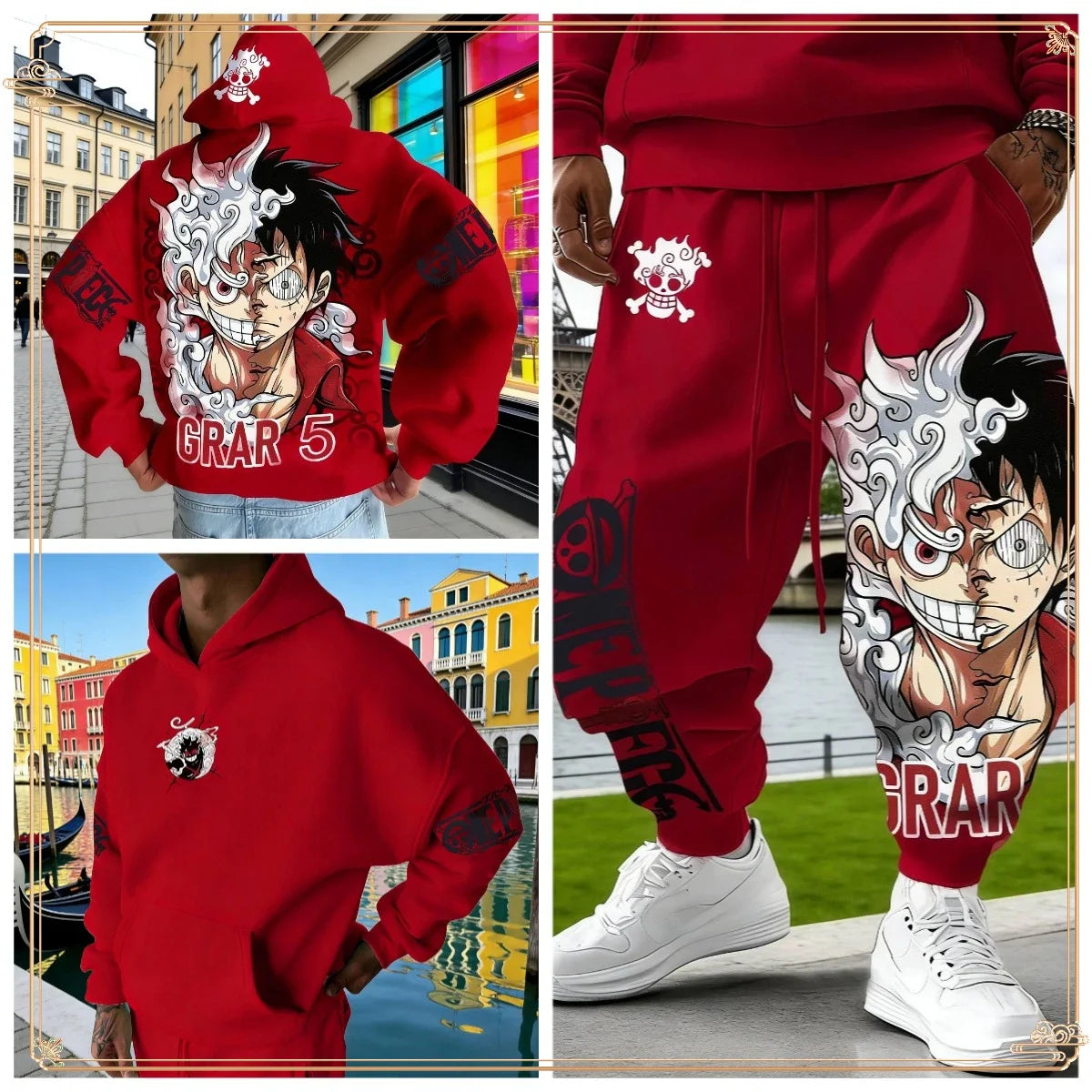 Luffy Gear 5 Hoodie & Pants Set | Red Cotton Tracksuit Outfit Sets - The Eezee Shop