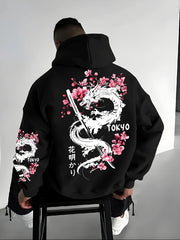 New Men's Anime Dragon Cherry Blossom Printed Hooded Sweatshirt Winter
