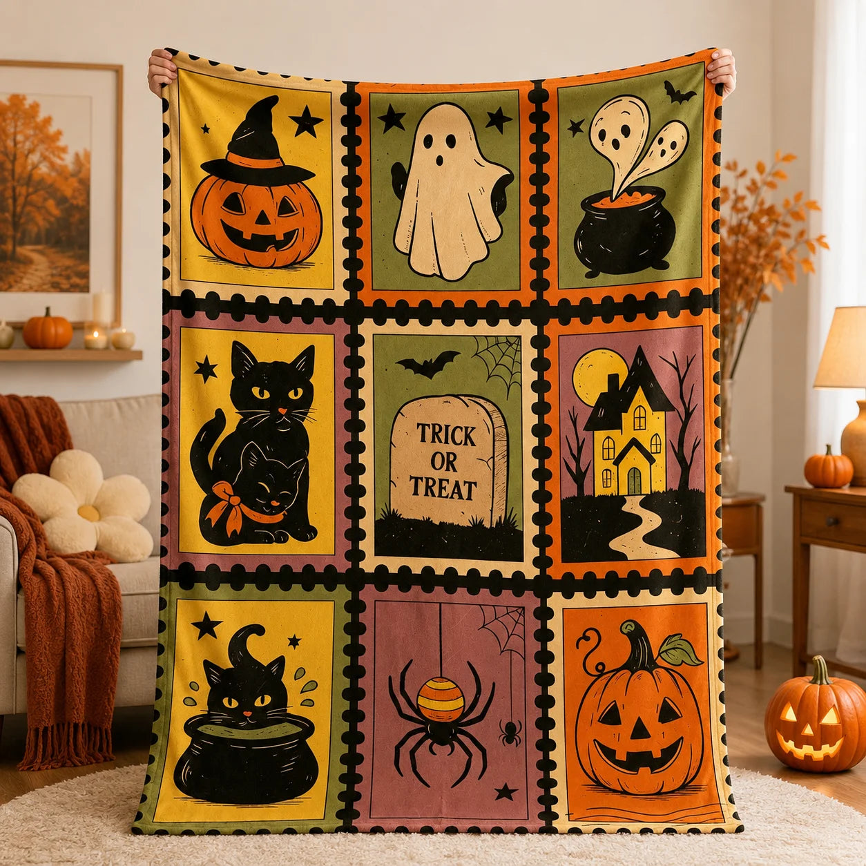 Nine-Grid Halloween Flannel Throw | Cozy Fuzzy Blanket Throw Blankets - The Eezee Shop