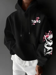 New Men's Anime Dragon Cherry Blossom Printed Hooded Sweatshirt Winter