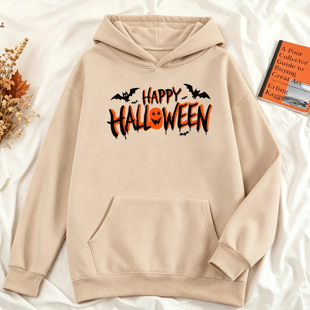 Happy Halloween Pumpkin Bat Hoodie | Women's Beige Pullover Hoodies & Sweatshirts - The Eezee Shop
