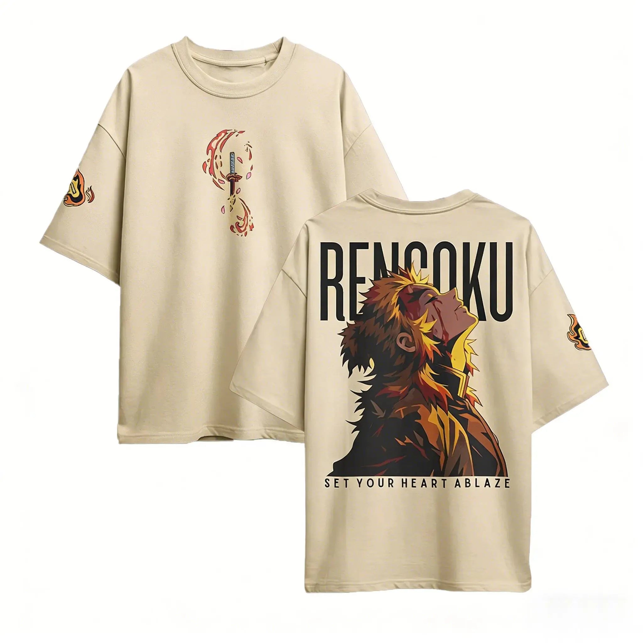 Rengoku Oversized Cotton T-Shirt | Demon Slayer Graphic Tee Graphic Tees - The Eezee Shop