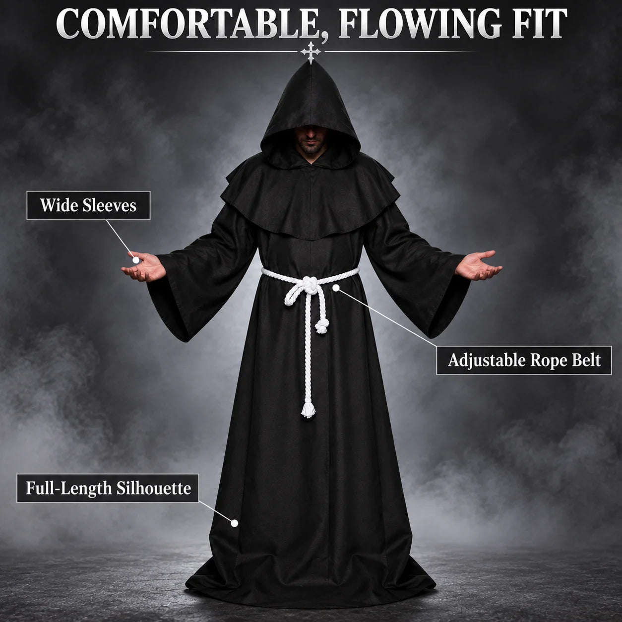 Medieval Monk Robe Costume | 4-Piece Hooded Cloak Set Halloween Costumes - The Eezee Shop