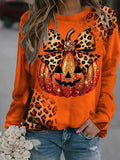Glitter Pumpkin Leopard Bow Sweatshirt | Women's Orange Pullover Hoodies & Sweatshirts - The Eezee Shop