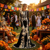 Gothic Skeleton Rose Dress | Women's Long Sleeve Party Dress Dresses - The Eezee Shop