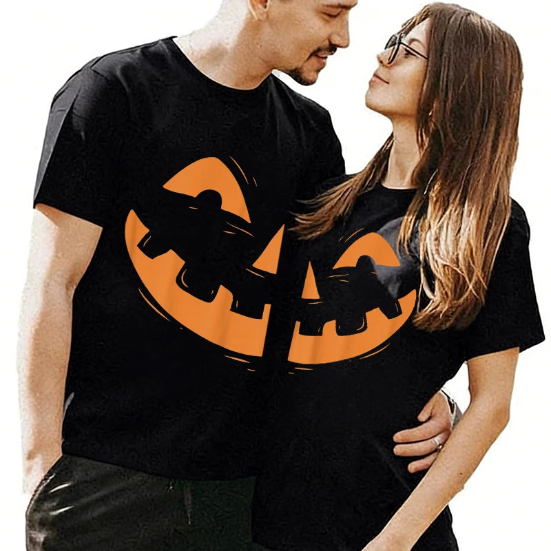 Pumpkin Face Matching Couple T-Shirt | Halloween Couples Tee Graphic Tees - The Eezee Shop