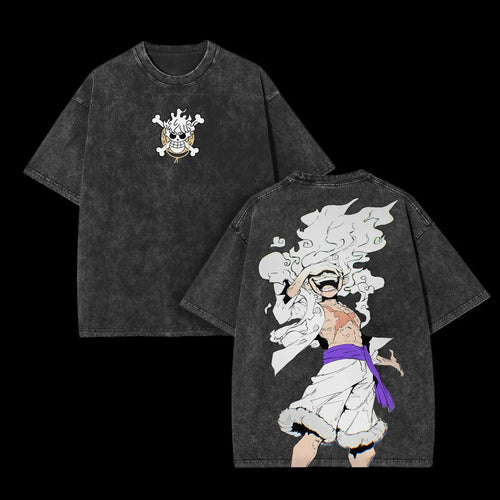 ONE PIECE Anime Nika Luffy Gear5 Harajuku Retro Cotton Washed T-shirt Anime Tshirts - The Eezee Shop