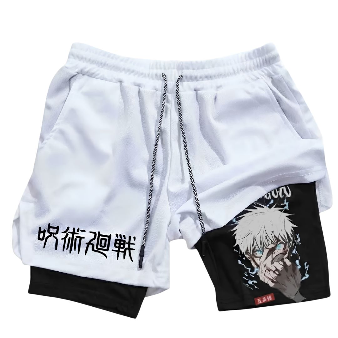 White athletic shorts with a black inner layer, featuring a black anime-style graphic on the right leg and black kanji text on the left leg, with a white drawstring.