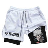 White athletic shorts with a black inner layer, featuring a black anime-style graphic on the right leg and black kanji text on the left leg, with a white drawstring.