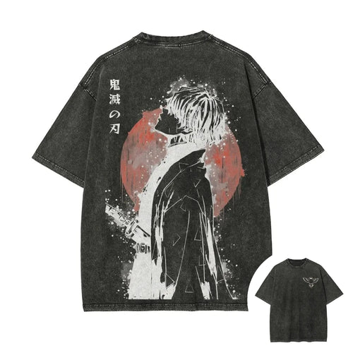 2026 Summer New Zenitsu Agatsuma Breath of Thunder Retro Washed Old T-shirt Demon Slayer 90s Street Style Short-sleeved Top Anime Tshirts - The Eezee Shop