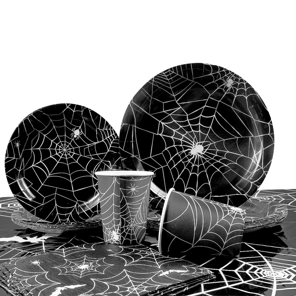 Spider Web Halloween Tableware Set | Black Plates, Cups & Napkins Party Supplies - The Eezee Shop