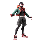 A Spider-Man action figure posed with arms outstretched, wearing a green and red jacket, gray shorts, black webbed suit, and red-and-white sneakers on a plain white background.