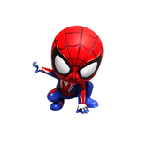 A Spider-Man character figurine in a crouching pose, featuring a red and blue suit with white web details and large white eyes, isolated on a black background.