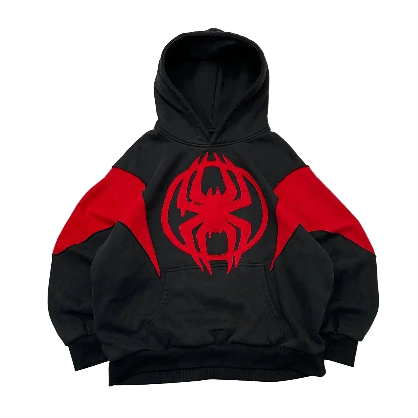 A black and red pullover hoodie featuring a large red spider emblem on the chest and red shoulder panels, laid flat on a light gray background.
