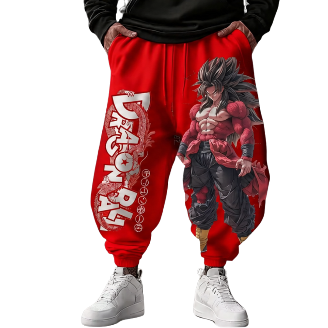 Red Dragon Ball Z harem pants with a large graphic print of Super Saiyan Gohan and vertical Dragon Ball Z text, shown on a model wearing a black hoodie and white sneakers.