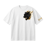 A white short-sleeve crewneck t-shirt featuring a graphic of a black panther surrounded by gold flames on the left chest, with the word 'Uniqu' printed in gold on the right sleeve.