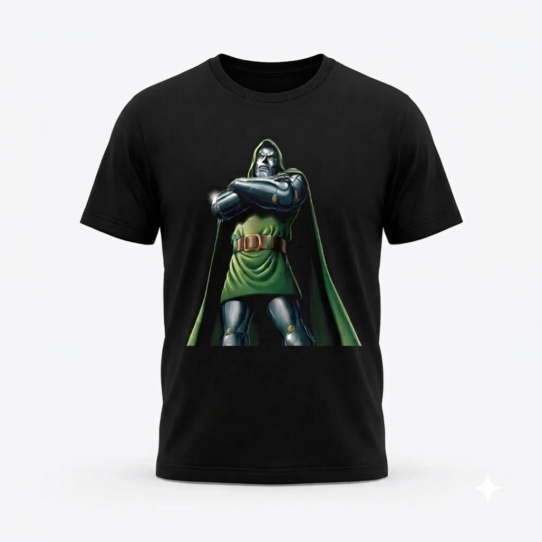 A black short-sleeve crewneck t-shirt featuring a graphic print of the comic book character Doctor Doom, shown against a plain white background.