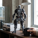 A gray and black Deadpool action figure stands on a wooden table in a real indoor setting near a window, with books, a lamp, and a hand holding a black mug in the scene.