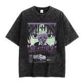 A black acid-wash graphic t-shirt featuring an anime print of Kill la Kill's characters, displayed flat against a light gray background.
