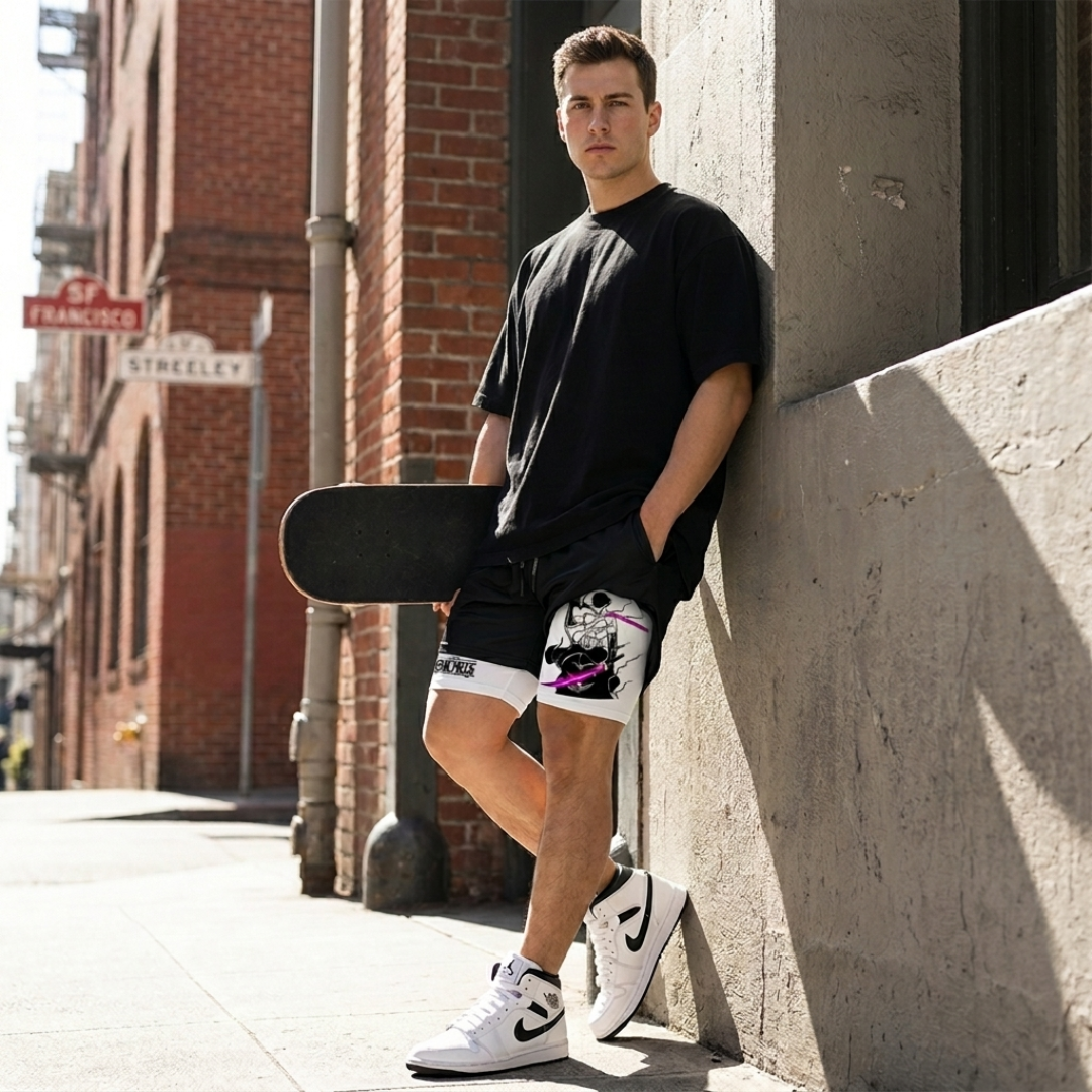 A man stands on a city sidewalk leaning against a concrete wall, wearing an oversized black t-shirt, black shorts with a white and pink graphic print, and white Nike sneakers, while holding a black skateboard.