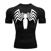 A black short-sleeve compression shirt featuring a large white spider logo on the chest, displayed on a clean white background.