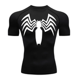 A black short-sleeve compression shirt featuring a large white spider logo on the chest, displayed on a clean white background.